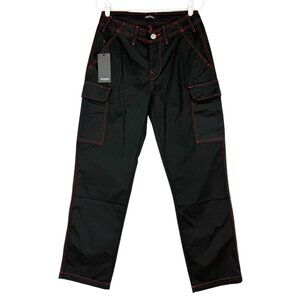 True Religion Men's Jet Black TR-V Red Stitching Relaxed Cargo Pants Size 30 NWT